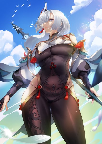 Anime picture 5000x7073 with genshin impact shenhe (genshin impact) blueorca single long hair tall image fringe highres breasts light erotic large breasts standing holding absurdres sky silver hair cloud (clouds) outdoors parted lips hair over one eye