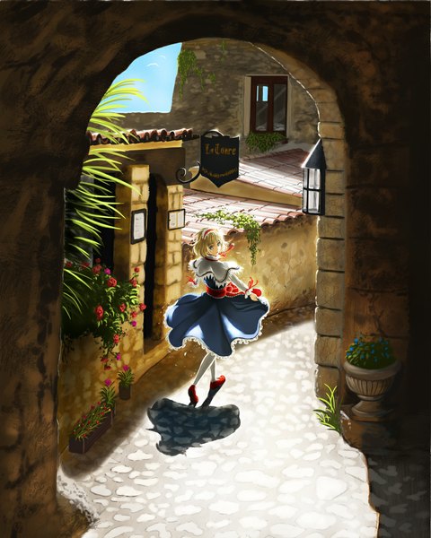 Anime picture 900x1125 with touhou alice margatroid doora (dora0913) single tall image looking at viewer short hair blue eyes blonde hair looking back sunlight shadow walking girl thighhighs dress flower (flowers) ribbon (ribbons) plant (plants) white thighhighs