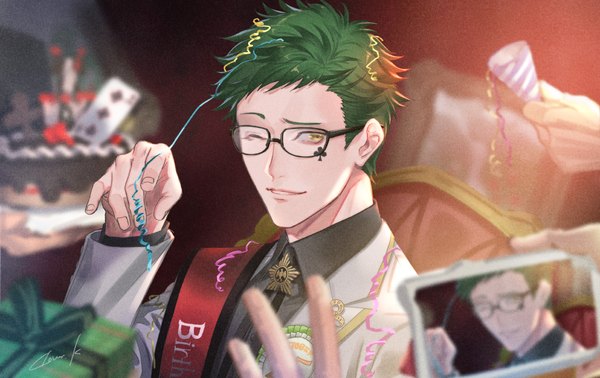 Anime picture 1200x756 with twisted wonderland trey clover kuroba k short hair yellow eyes one eye closed green hair facial mark solo focus happy birthday boy shirt glasses food sweets mobile phone smartphone cake card (cards) confetti