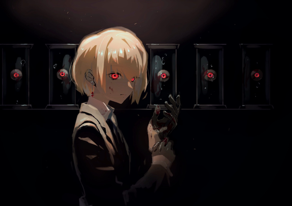 Anime picture 1522x1076 with hunter x hunter kurapica tentsuu (tentwo) single short hair blonde hair red eyes looking away upper body blood on face boy gloves earrings black gloves blood eyeball