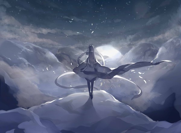 Anime picture 3000x2200 with original miyuki (miyuki0529) single long hair highres standing cloud (clouds) full body from above wind from behind night night sky city snowing winter cityscape mountain fog panorama