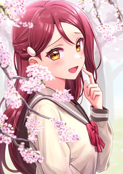 Anime-Bild 1000x1412 mit love live! sunshine!! sunrise (studio) love live! sakurauchi riko deadnooodles single long hair tall image looking at viewer blush fringe open mouth smile yellow eyes upper body outdoors red hair long sleeves :d cherry blossoms