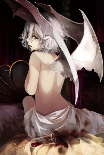 Anime picture 1345x2000 with touhou remilia scarlet akaikitsune single tall image looking at viewer fringe short hair open mouth light erotic sitting brown eyes indoors looking back grey hair back bare back bat wings girl wings