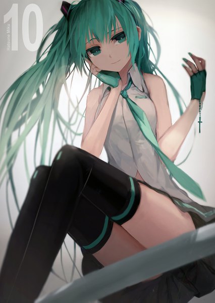 Anime picture 1000x1407 with vocaloid hatsune miku zen33n single long hair tall image looking at viewer fringe light erotic simple background smile hair between eyes sitting bare shoulders head tilt aqua eyes aqua hair from below sleeves past wrists hand on cheek