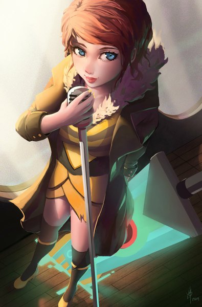 Anime picture 800x1214 with transistor (game) red (transistor) guweiz single tall image fringe short hair blue eyes standing looking away from above lips orange hair open clothes open jacket girl jacket fur clothes microphone stand