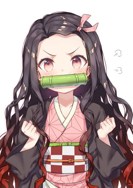 Anime picture 1254x1771 with kimetsu no yaiba ufotable kamado nezuko otou mamayo single long hair tall image looking at viewer black hair simple background white background upper body traditional clothes japanese clothes pink eyes wavy hair cute girl ribbon (ribbons) hair ribbon