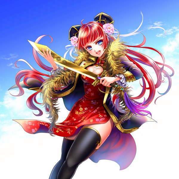 Anime picture 1000x1000 with original herz single long hair looking at viewer blush fringe breasts open mouth blue eyes standing holding sky cloud (clouds) red hair blunt bangs traditional clothes multicolored hair hair flower lips