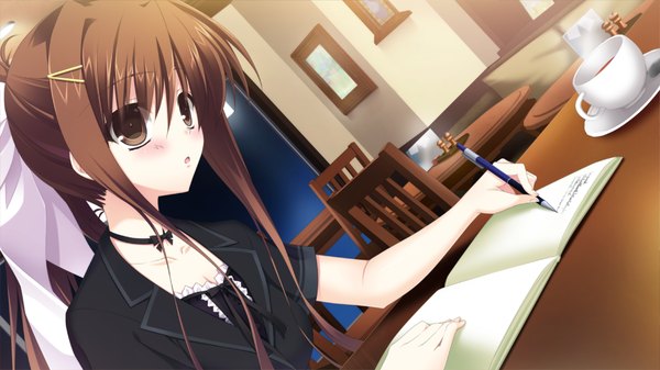 Anime picture 1280x720 with furuiro meikyuu rondo long hair blush brown hair wide image brown eyes game cg ponytail girl notebook