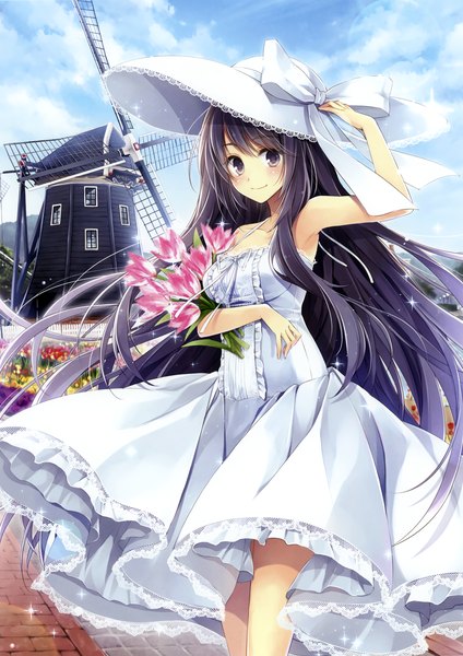 Anime picture 2220x3140 with original hagiwara rin single long hair tall image looking at viewer blush highres black hair smile sky cloud (clouds) black eyes scan girl dress flower (flowers) hat sundress bouquet