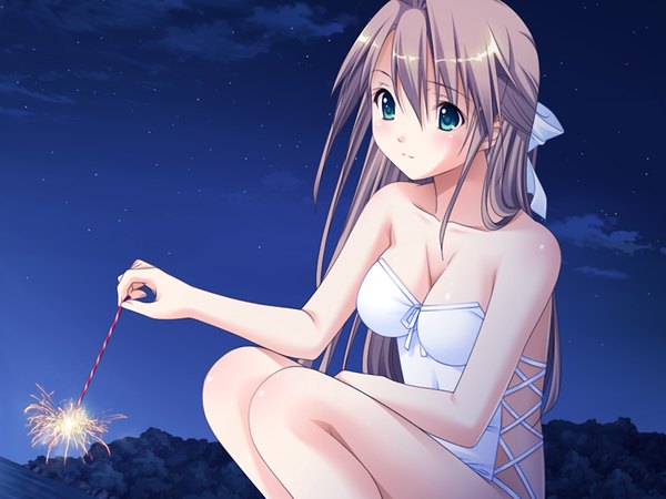 Anime picture 1024x768 with fluorite memories long hair light erotic brown hair green eyes game cg night girl swimsuit