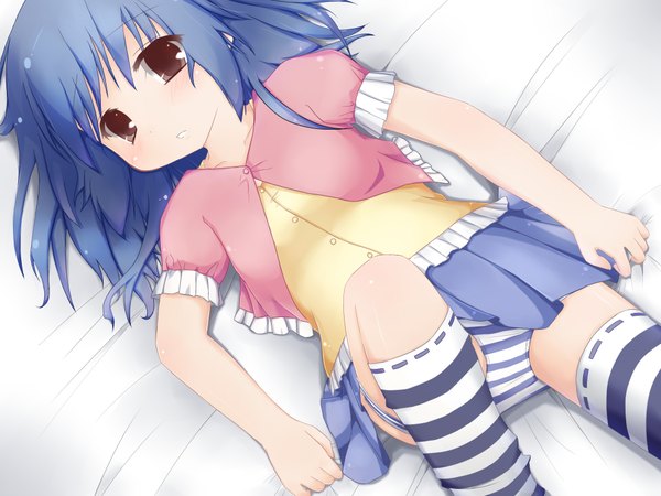 Anime picture 2000x1500 with original v4 blush highres light erotic blue hair lying from behind striped panty pull thighhighs dress underwear panties striped panties child (children)