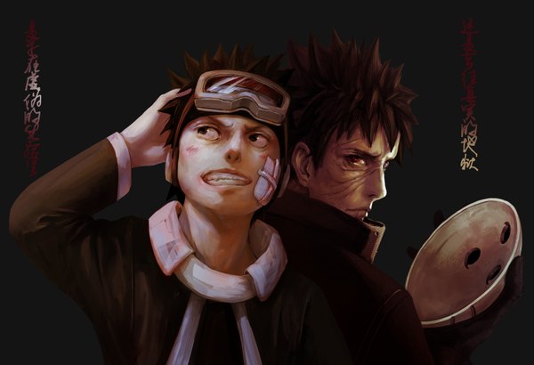 Anime picture 3429x2344 with naruto studio pierrot naruto (series) uchiha obito tobi daitsuki jpg highres short hair simple background smile red eyes brown hair holding brown eyes looking away absurdres looking back multiple boys teeth hieroglyph