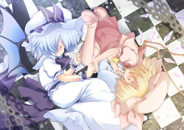 Anime picture 1200x850 with touhou flandre scarlet remilia scarlet blush short hair blue eyes blonde hair lying japanese clothes holding hands sleeping checkered floor twins girl skirt hat wings kimono bonnet skirt set