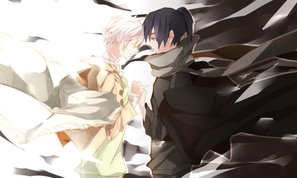 Anime picture 1500x900 with no.6 studio bones nezumi (no.6) shion (no.6) fringe short hair smile wide image blue hair eyes closed holding hands face to face scarf cloak