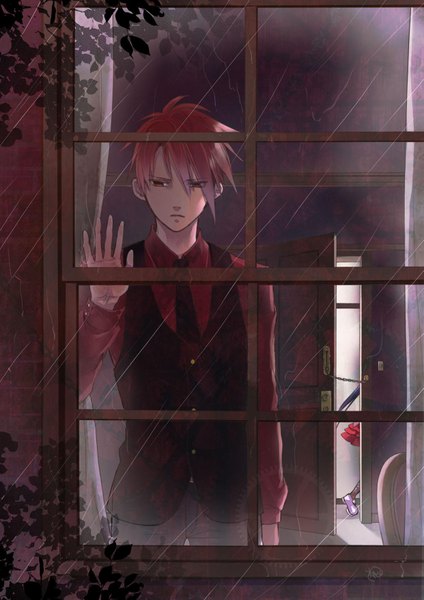 Anime picture 1241x1755 with umineko no naku koro ni ushiromiya battler furudo erika momoyama hinase tall image fringe short hair hair between eyes standing brown eyes red hair indoors official art looking down solo focus rain walking against glass girl boy