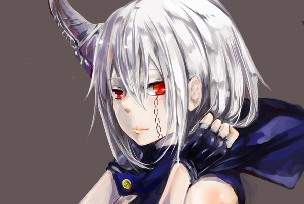 Anime picture 3507x2362 with original jun-jun single looking at viewer fringe highres short hair simple background smile red eyes absurdres silver hair horn (horns) lips facial mark brown background adjusting hood girl gloves fingerless gloves