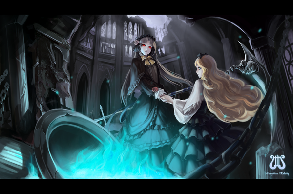 Anime picture 1300x862 with eternita forgotten melody jane mere long hair blonde hair red eyes multiple girls white hair looking back from behind holding hands ruins girl dress 2 girls scythe