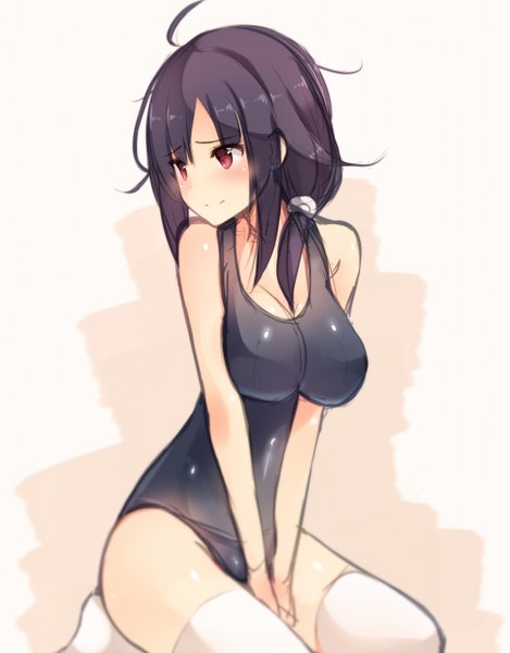 Anime picture 1000x1279 with kantai collection taigei light aircraft carrier hiiragi hajime single long hair tall image blush breasts light erotic black hair simple background red eyes large breasts sitting twintails looking away ahoge embarrassed no shoes shiny skin