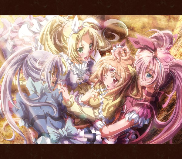 Anime picture 1600x1400 with precure suite precure toei animation houjou hibiki minamino kanade seiren (suite precure) cure melody shirabe ako cure rhythm cure beat inoshishi (ikatomo) long hair blush open mouth blue eyes blonde hair red eyes brown hair twintails multiple girls