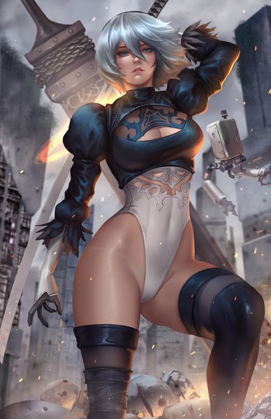 Anime picture 3300x5100 with nier nier:automata yorha no. 2 type b nopeys single tall image looking at viewer fringe highres short hair breasts blue eyes light erotic hair between eyes standing absurdres cleavage silver hair bent knee (knees) outdoors