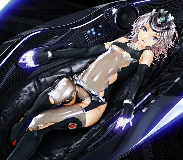 Anime picture 1400x1225 with original vocaloid supernova redjuice single long hair looking at viewer fringe blue eyes light erotic bent knee (knees) white hair lying on back underboob covered navel spread arms cropped girl gloves