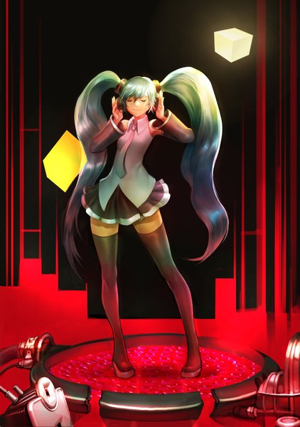 Anime picture 2816x4000 with vocaloid hatsune miku gd choco single long hair tall image highres smile twintails eyes closed aqua hair girl skirt detached sleeves necktie thigh boots