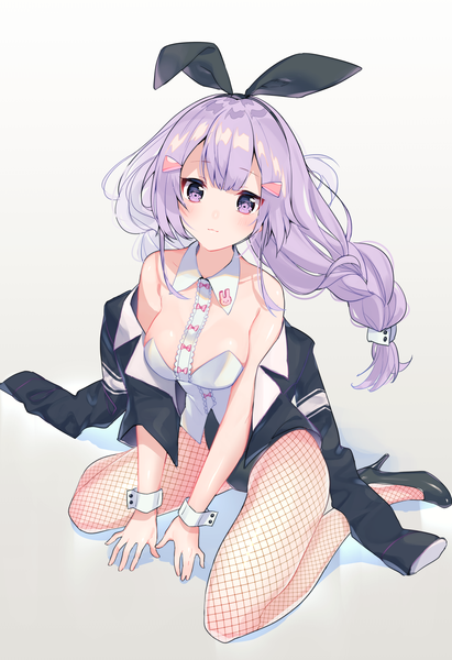 Anime picture 1797x2623 with original cona kinaco single long hair tall image looking at viewer blush fringe highres breasts light erotic simple background sitting purple eyes bare shoulders purple hair full body bent knee (knees) braid (braids) off shoulder