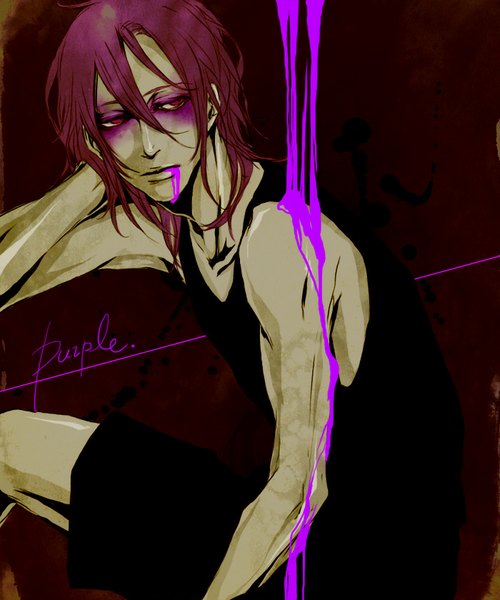 イラスト 700x840 と 黒子のバスケ プロダクション・アイジー murasakibara atsushi ist ソロ 長身像 前髪 短い髪 座る 紫目 looking away purple hair nail polish fingernails lips dark background eyebrows 筋肉 男性 paint