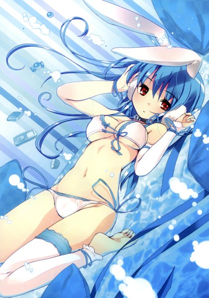 Anime picture 1813x2579 with original refeia single long hair tall image looking at viewer highres breasts light erotic red eyes animal ears blue hair bunny ears girl thighhighs navel underwear swimsuit detached sleeves bikini