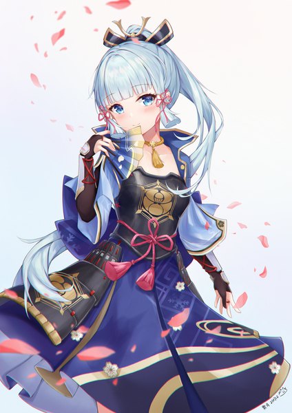 Anime picture 2894x4093 with genshin impact kamisato ayaka zi yue liuli single long hair tall image looking at viewer blush fringe highres blue eyes simple background smile standing holding payot blue hair ponytail blunt bangs traditional clothes
