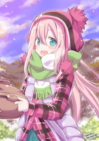 Anime picture 1457x2064 with yurucamp kagamihara nadeshiko iwasaki masakazu single long hair tall image looking at viewer blush fringe open mouth hair between eyes holding signed pink hair sky aqua eyes exhalation girl shirt scarf