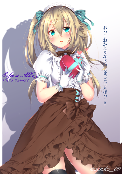 Anime picture 849x1200 with dandou single long hair tall image looking at viewer blush open mouth blue eyes blonde hair signed shadow girl dress gloves bow ribbon (ribbons) hair bow hair ribbon white gloves headdress
