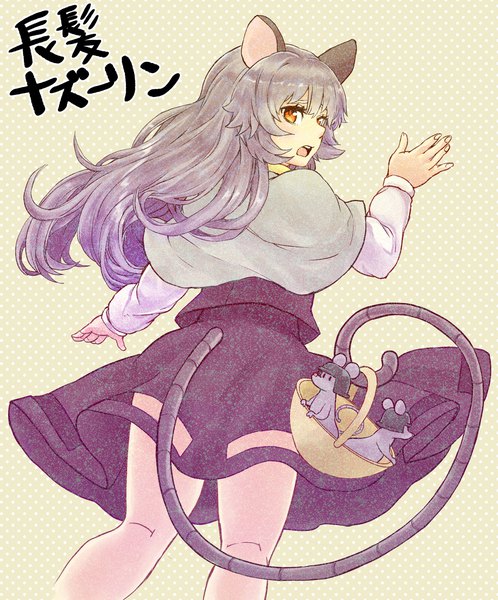 Anime picture 2718x3276 with touhou nazrin natsushiro single long hair tall image looking at viewer fringe highres standing brown eyes animal ears tail long sleeves animal tail looking back fingernails grey hair from behind grey background