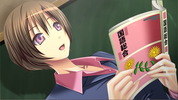 Anime picture 1024x578 with zutto! josou de haramasete (game) short hair open mouth black hair wide image game cg pink eyes teacher girl