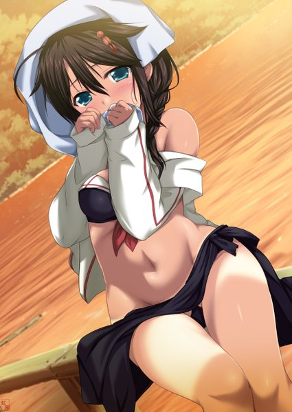 Anime picture 877x1239 with kantai collection shigure destroyer nijimotohiro k single long hair tall image looking at viewer blue eyes light erotic black hair braid (braids) remodel (kantai collection) girl navel lingerie bra