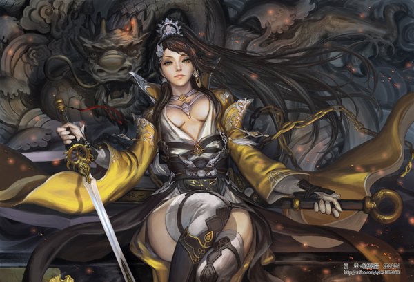 Anime picture 1514x1036 with xiaji single long hair looking at viewer breasts light erotic black hair brown eyes text fantasy girl thighhighs hair ornament weapon earrings sword chain dragon statue