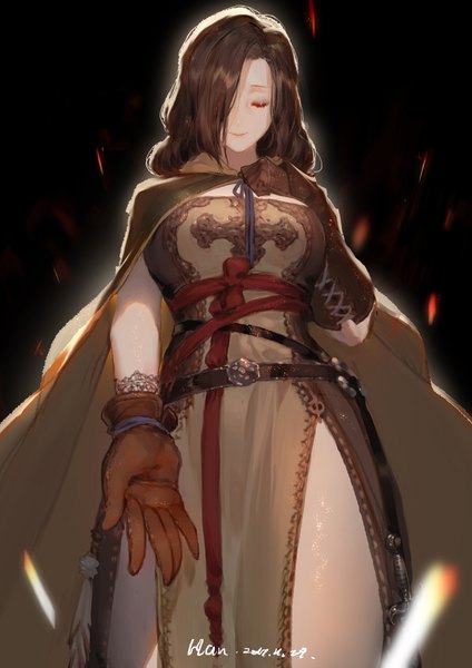 Anime picture 2480x3508 with dark souls (series) dark souls dark souls 3 from software emerald herald han-0v0 single long hair tall image fringe highres breasts simple background smile brown hair large breasts standing signed eyes closed hair over one eye