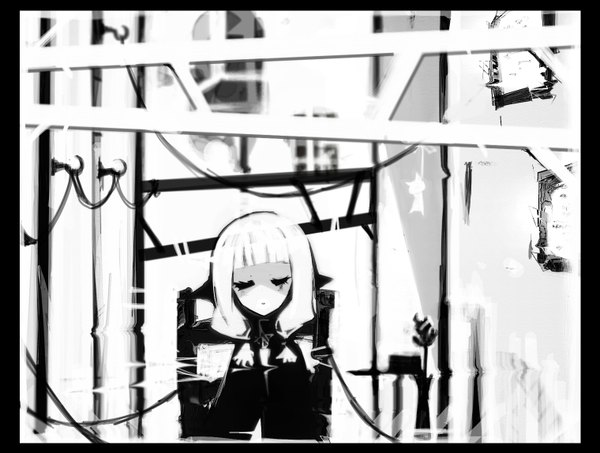 イラスト 1519x1148 と オリジナル 菊 ソロ 長髪 座る ツインテール white hair eyes closed monochrome 女の子 花 椅子 花瓶