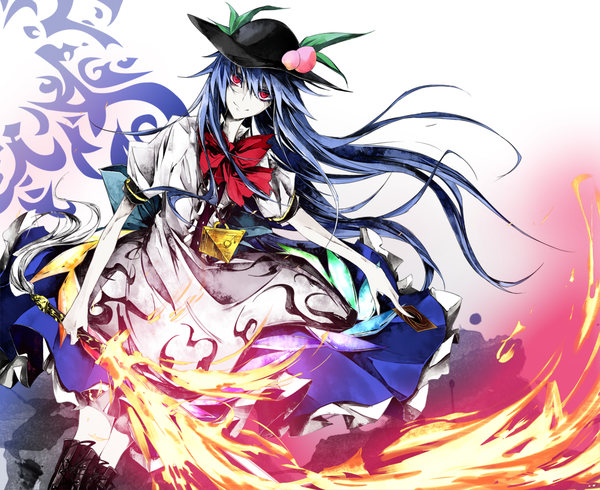 Anime picture 1000x818 with touhou hinanawi tenshi pkk single long hair looking at viewer red eyes blue hair pale skin girl dress weapon hat sword boots fruit flame peach hisou no tsurugi spell card