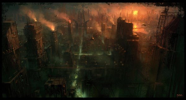 Anime picture 1300x700 with moonworker1 seung jin woo wide image night city border evening sunset smoke cityscape science fiction smog water aircraft airship crane