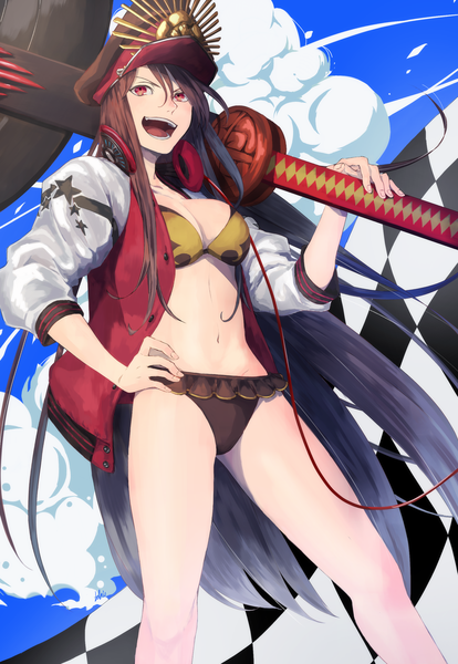 Anime picture 1900x2750 with fate (series) fate/grand order oda nobunaga (fate) (all) oda nobunaga (swimsuit berserker) (fate) saamon (dream81come) single tall image highres breasts open mouth light erotic red eyes brown hair standing sky very long hair :d open jacket hand on hip looking up