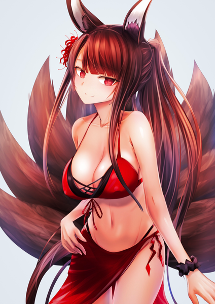 Anime picture 707x1000 with azur lane akagi (azur lane) akagi (paradise amaryllis) (azur lane) west (vaem5527) single tall image looking at viewer fringe breasts light erotic simple background smile red eyes brown hair large breasts standing bare shoulders animal ears payot cleavage