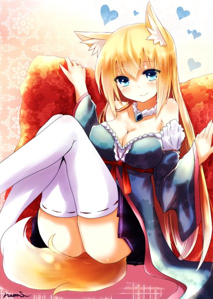 Anime picture 1100x1540 with original naomi (sekai no hate no kissaten) long hair tall image blush blue eyes light erotic blonde hair ass light smile fox ears fox tail fox girl girl thighhighs detached sleeves white thighhighs