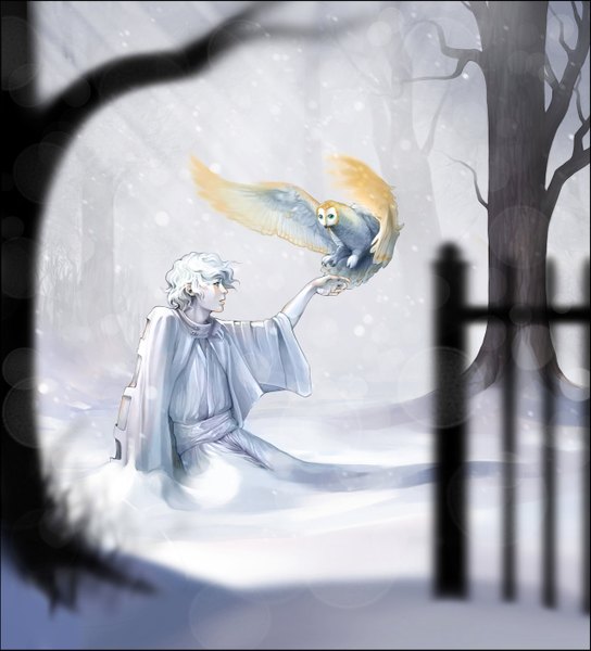 Anime picture 1280x1411 with blaise-aetherius single tall image short hair blue eyes sitting white hair profile blurry snowing winter snow pale skin boy plant (plants) animal tree (trees) bird (birds) owl