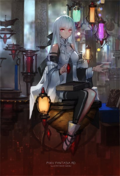 Anime picture 1134x1654 with original pixiv fantasia pixiv fantasia revenge of the darkness swd3e2 single long hair tall image looking at viewer fringe sitting holding signed payot full body bent knee (knees) white hair blunt bangs pink eyes blurry inscription