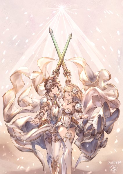 Anime picture 1670x2362 with granblue fantasy gita (granblue fantasy) gran (granblue fantasy) the glory milli little tall image blush fringe short hair breasts open mouth simple background blonde hair smile hair between eyes brown hair large breasts standing holding brown eyes