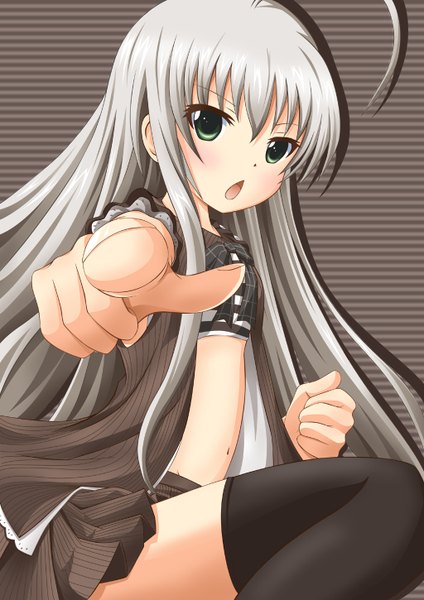 Anime picture 1024x1450 with haiyore! nyaruko-san nyaruko neats (artist) single long hair tall image open mouth green eyes silver hair ahoge midriff pointing girl thighhighs skirt navel black thighhighs miniskirt