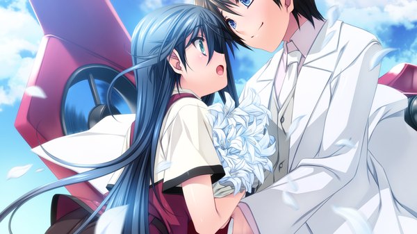 Anime picture 1280x720 with koisuru otome to shugo no tate masaki riri kisaragi shuuji long hair blush short hair open mouth blue eyes black hair smile wide image game cg sky cloud (clouds) couple girl boy uniform flower (flowers) school uniform