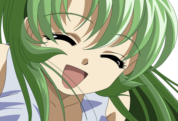 Anime picture 4718x3218 with inukami youko (inukami) single long hair highres open mouth bare shoulders absurdres eyes closed green hair wind portrait happy close-up transparent background vector girl