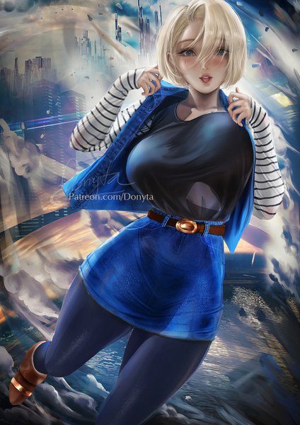 Anime-Bild 1060x1500 mit dragon ball dragon ball z android 18 donyta single tall image looking at viewer blush fringe short hair breasts open mouth light erotic blonde hair hair between eyes large breasts signed cloud (clouds) outdoors long sleeves